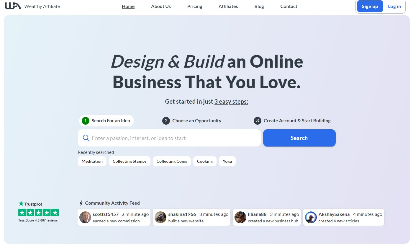 Wealthy Affiliate External Website - Is Wealthy Affiliate Legit Or A Scam Wealthy Affiliate homepage featuring tools to design and build an online business with live user activity feed.