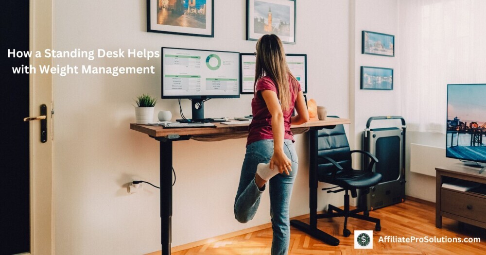 How a Standing Desk Helps with Weight Management Image of a woman standing at her workstation working and stretching at the same time illustrating how a standing desk workstation can help with weight management.