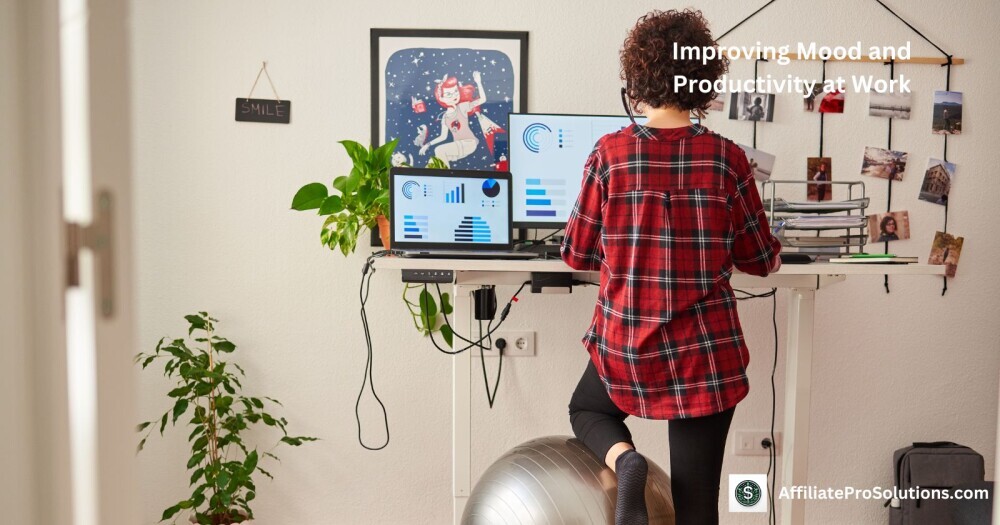 Improving Mood and Productivity at Work A woman using her standing desk workstation showing how standing can improve your mood and productivity.
