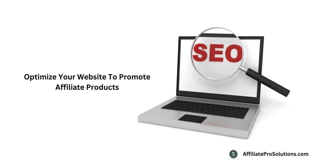 Magnifying glass focusing on SEO text over a laptop screen, emphasizing the importance of optimizing websites to promote affiliate products.