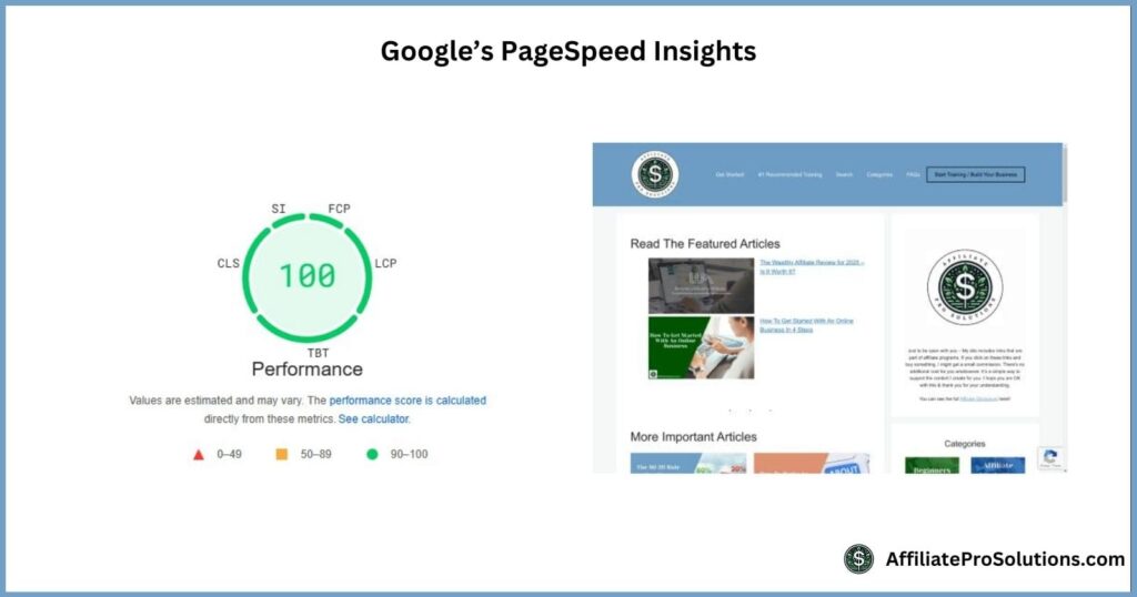 Google PageSpeed Insights Data Google PageSpeed Insights showing a perfect 100 performance score for a website, highlighting Wealthy Affiliate's fast and optimized hosting for improved site speed and SEO benefits.