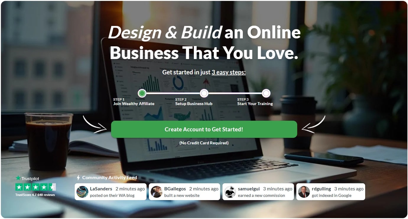 Homepage of Wealthy Affiliate - The Wealthy Affiliate Review The homepage showcasing the business-building process and recent member activity.