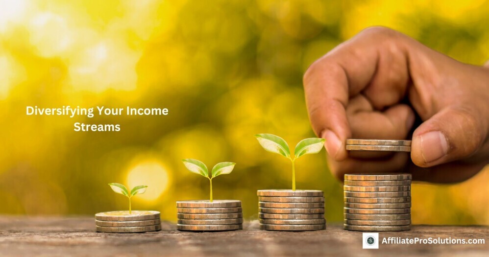 Diversifying Income Streams Hand placing coins on stacks with small plants growing from them – Illustrating the Concept of Diversifying Income Streams in Blogging
