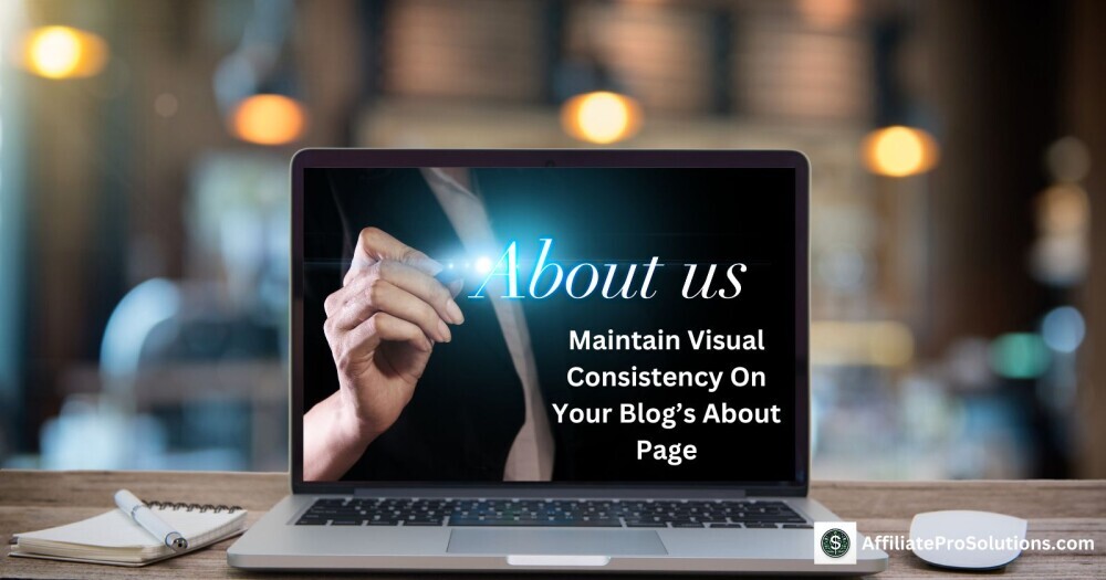 Maintain Visual Consistency On Your Blogs About Page A laptop screen displaying 'About Us' with a businessperson writing in the air, representing the importance of maintaining visual consistency on a blog’s About Page for a professional look.