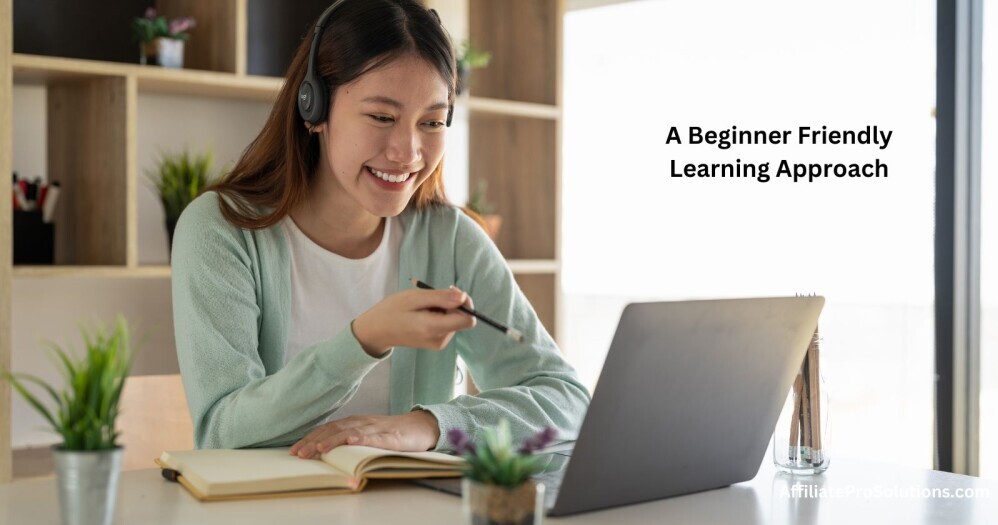 A Beginner Friendly Learning Approach Smiling woman wearing a headset, studying on a laptop with a notebook and pen, representing beginner-friendly Wealthy Affiliate training.