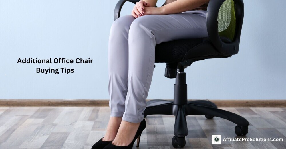 Close-up of a person sitting on a black office chair with crossed hands, wearing light gray pants and black heels. The image highlights the importance of choosing the right chair for office comfort and support.