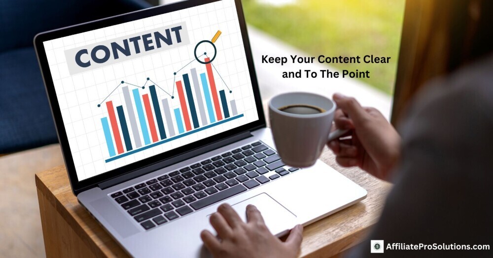 Keep Your Content Clear and To The Point Laptop screen displaying a colourful content performance chart while someone drinks coffee and works on writing clear and direct website content.