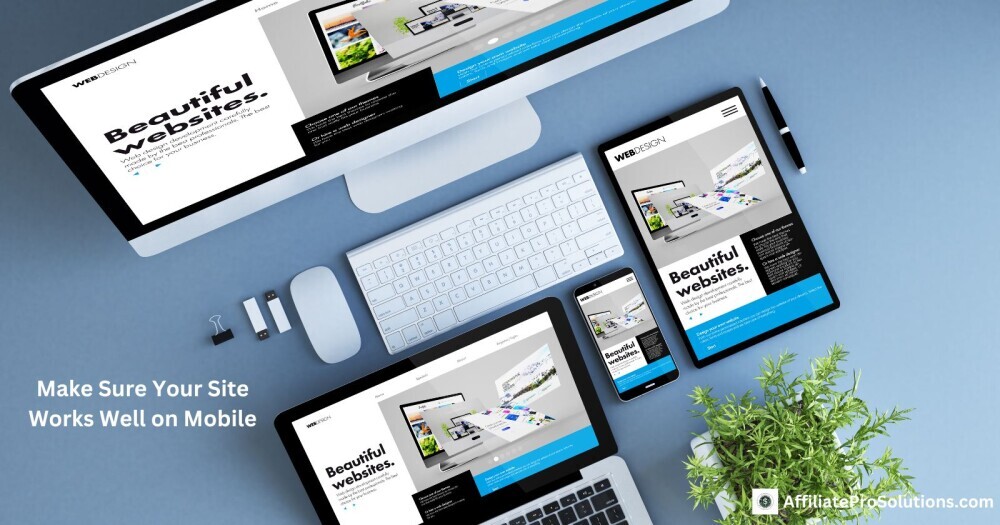 Make Sure Your Site Works Well on Mobile Mobile phone, tablet, and computer showing a responsive website layout with clean design, highlighting the importance of mobile-friendly site setup for voice searches.