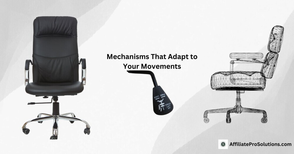 Comparison of different office chair mechanisms, featuring a modern black leather chair, a wireframe illustration of an ergonomic chair, and a close-up of a chair adjustment lever. This image highlights movement features that enhance seating comfort.