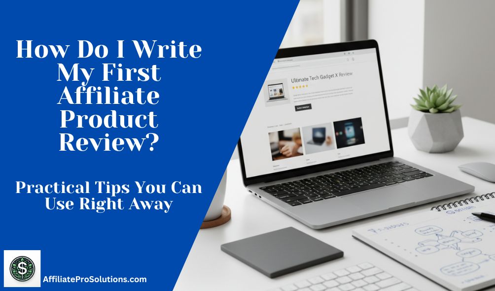 Workspace setup showing someone preparing to write their first affiliate product review on a laptop.