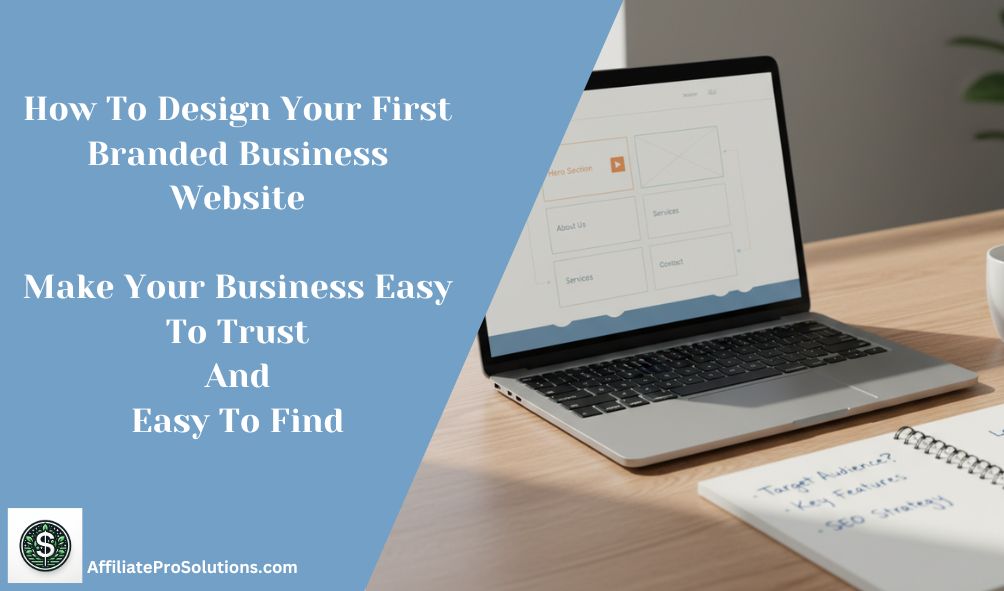 Planning how to design your first branded business website, with a laptop layout open and notes on the desk.