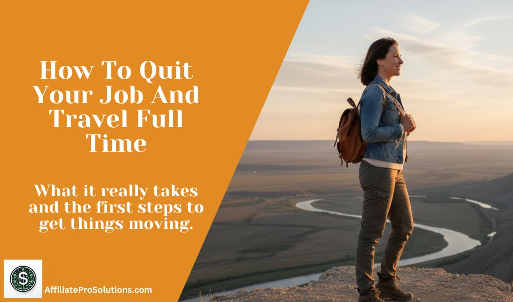 Woman standing on a cliff at sunrise with a backpack, capturing the idea of how to quit your job and travel full time.