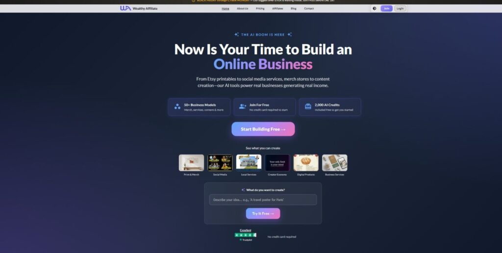 Wealthy Affiliate homepage showing the sign up section and call to build an online business.