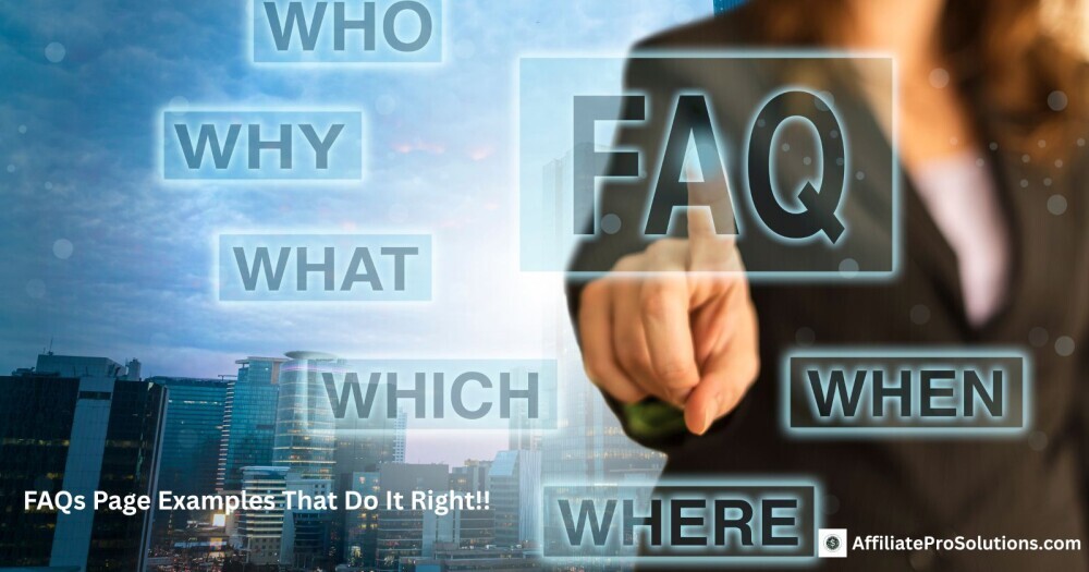 Businesswoman pointing at floating FAQ options like who, what, why, when, where – visual concept for helpful FAQs page examples
