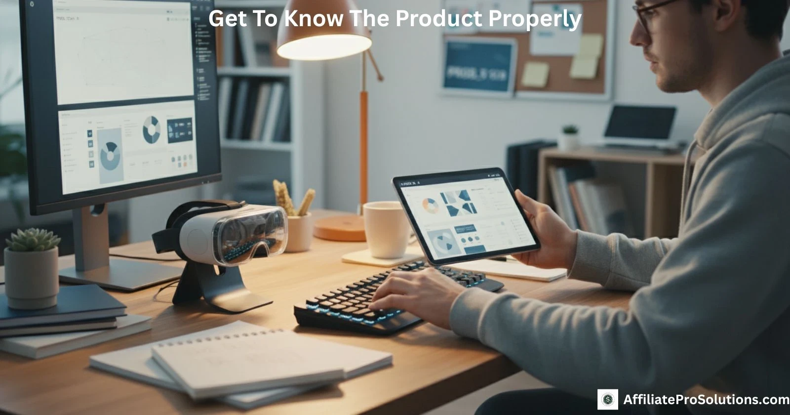Get To Know The Product Properly A person looking at product analytics on a tablet and computer, demonstrating researching a product before writing a review.