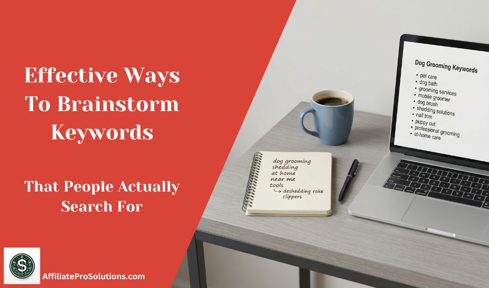 Effective ways to brainstorm keywords header image showing a desk setup with a laptop, notebook, and dog grooming keyword ideas written down during the planning process