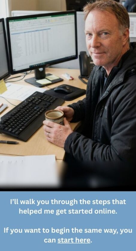 Chris Towers sitting at his desk with a coffee in hand, working on his computer and guiding readers on how to get started online.