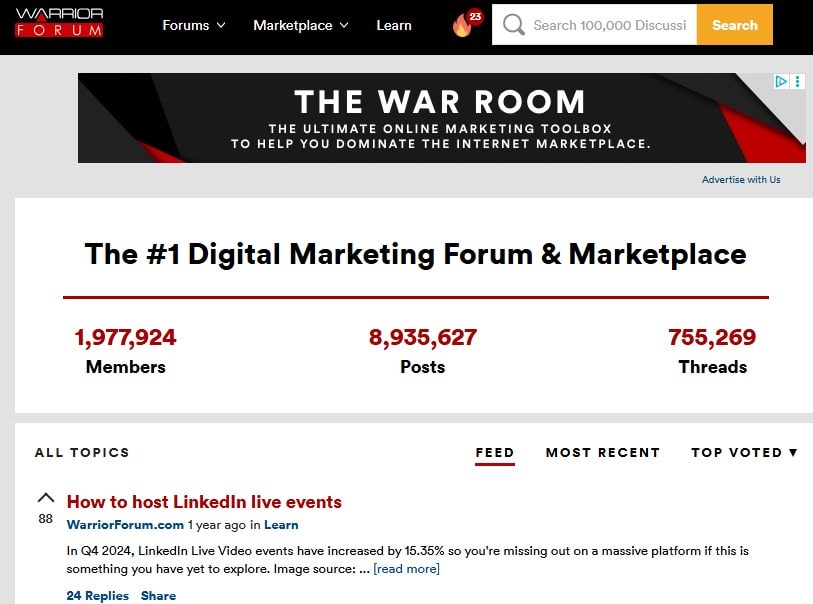 Screenshot of the Warrior Forum homepage displaying member count, total posts, active threads, and recent discussions.