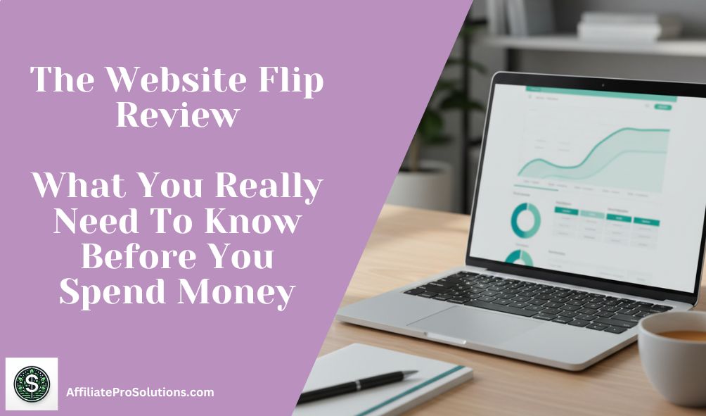The Website Flip Review with website analytics dashboard representing content site buying and selling