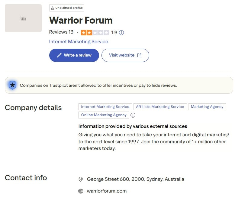 Screenshot of the Warrior Forum Trustpilot company profile showing basic details, ratings summary, and website information.