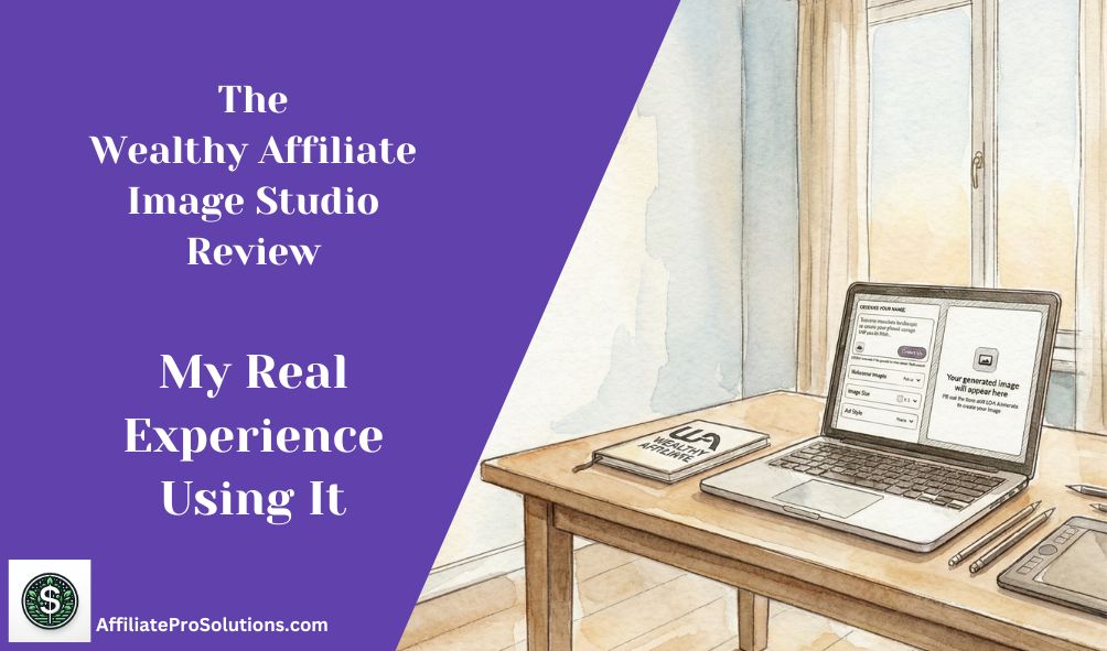 The Wealthy Affiliate Image Studio review header image showing a creative workspace with a laptop on a desk, used to illustrate my real experience using the Image Studio tool