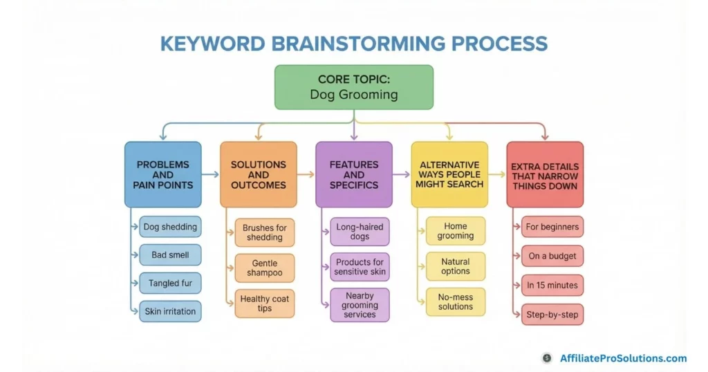 Keyword brainstorming process diagram using dog grooming to show problems, solutions, features, alternatives, and refined keyword ideas