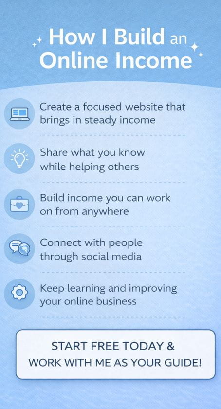 Vertical sidebar graphic showing how Chris builds an online income, including creating a focused website, sharing knowledge, building income from anywhere, connecting through social media, continuous learning, and a call to start free and work with him as a guide.