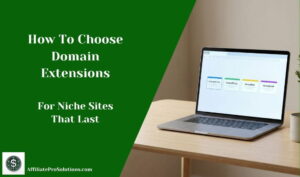 Laptop on a desk showing different website domain extensions, illustrating how to choose domain extensions for niche sites and long term websites