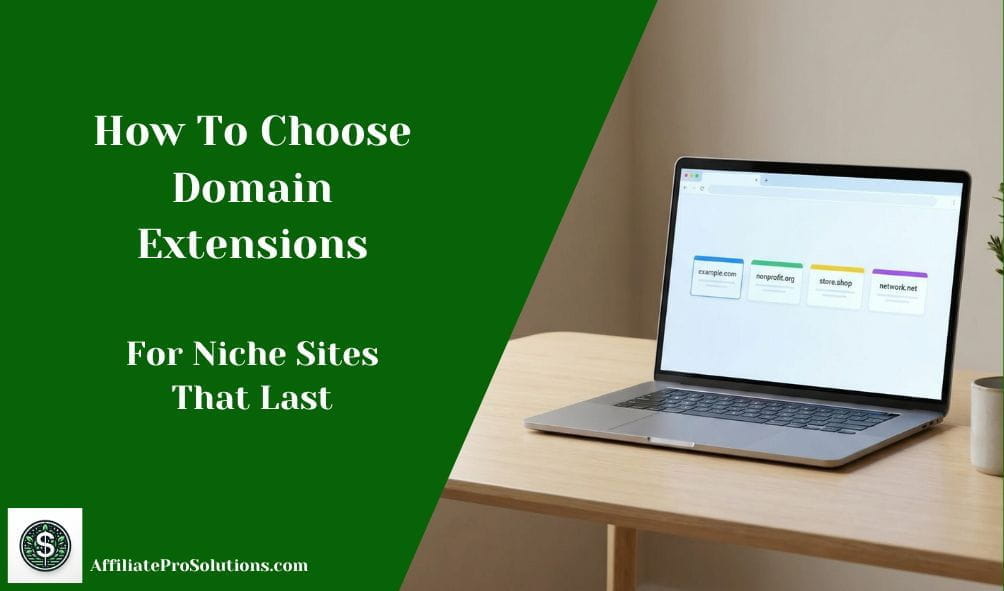 Laptop on a desk showing different website domain extensions, illustrating how to choose domain extensions for niche sites and long term websites