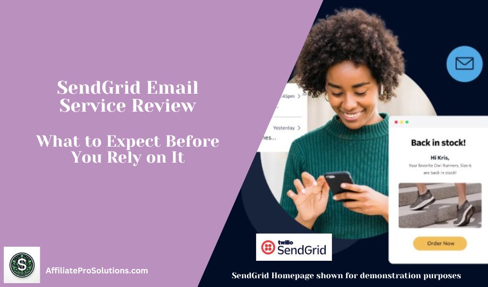 Header image for a SendGrid email service review showing example email interface visuals and SendGrid logo