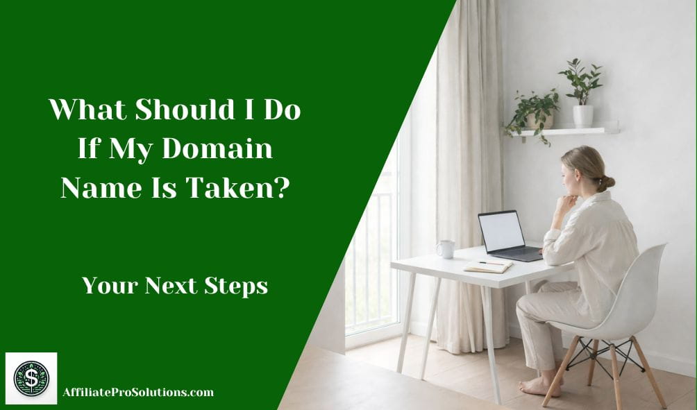 Person sitting at a desk looking at a laptop while deciding what to do if a domain name is taken, representing next steps for choosing a website domain