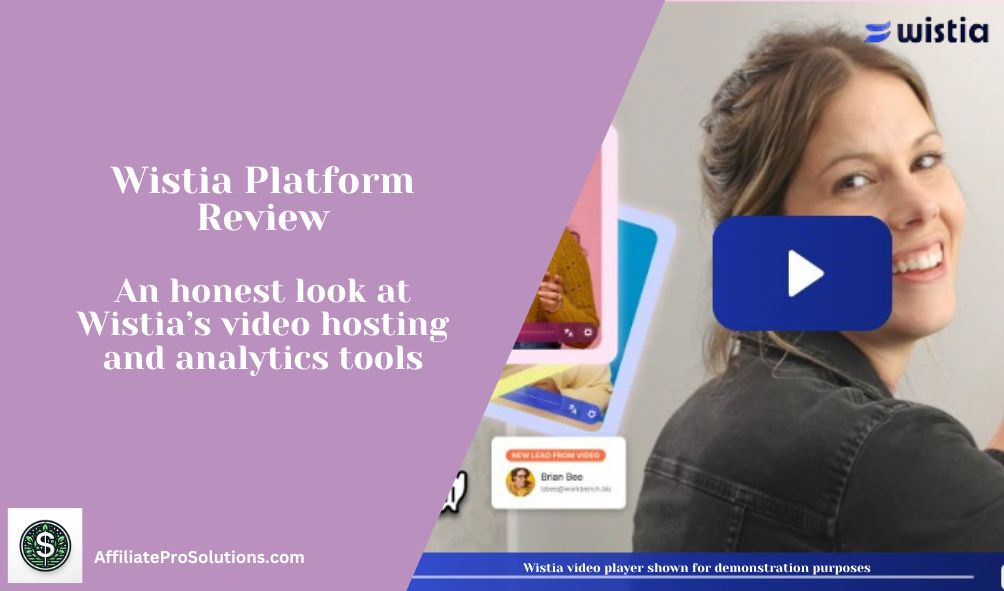 Header image for a Wistia platform review showing the Wistia video player, branding, and video analytics tools