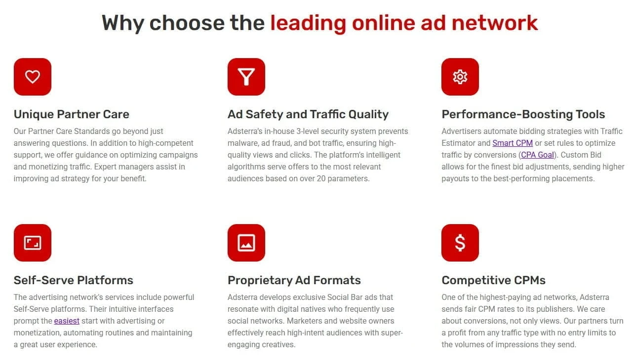 Adsterra platform features shown on the website, including partner care, ad safety, and performance tools