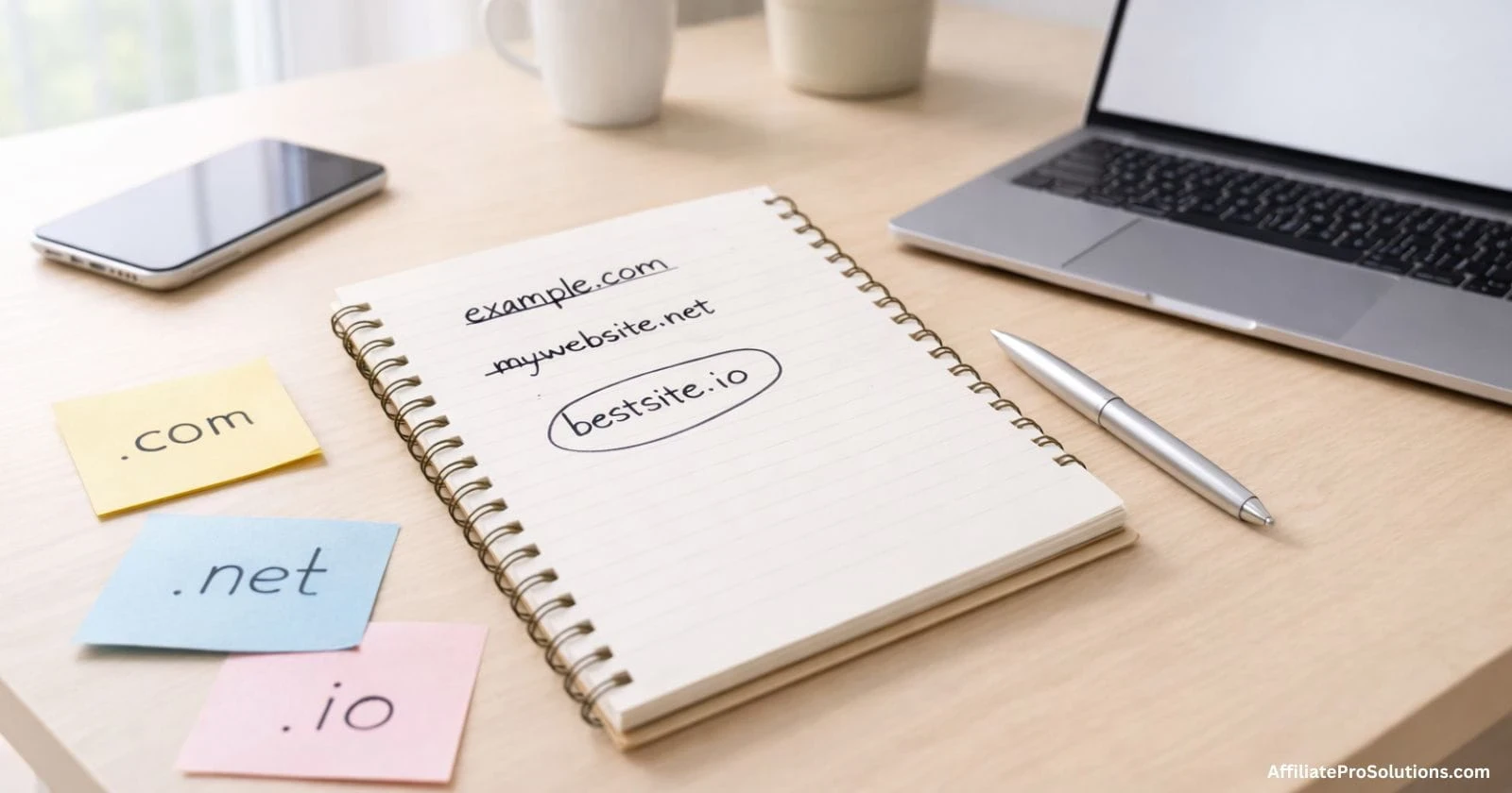 Notebook comparing different domain name extensions with one option highlighted as the best choice