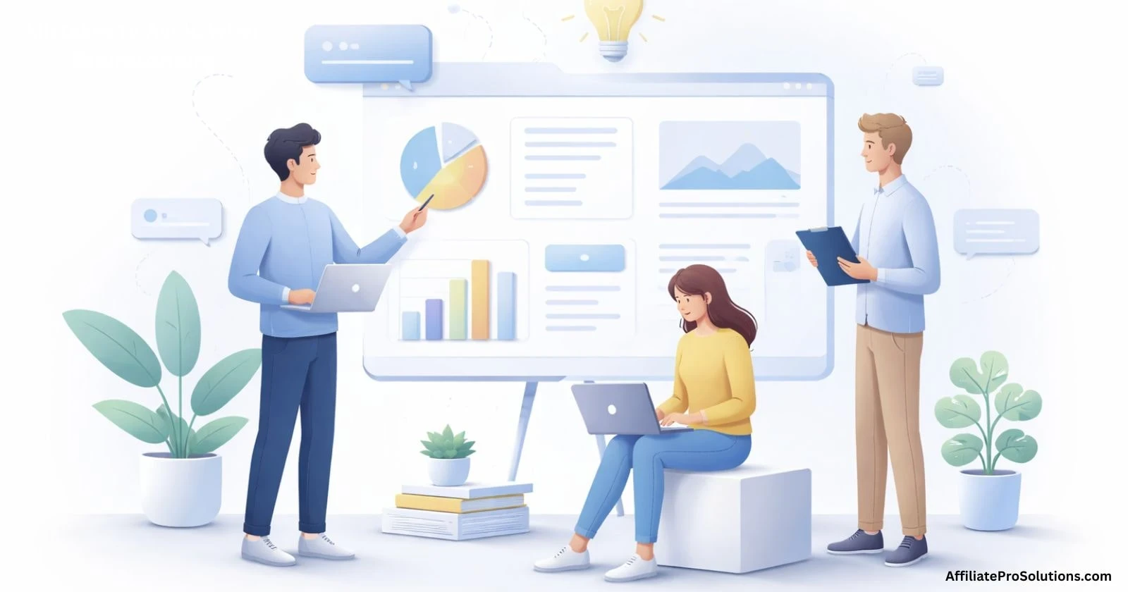 Illustration of people reviewing website content and performance using a shared digital dashboard