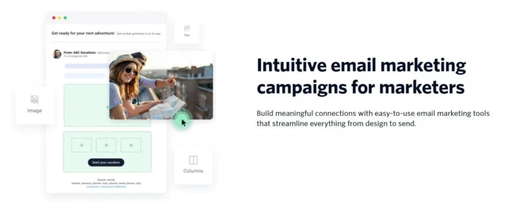 SendGrid email campaign editor showing content blocks and image layout
