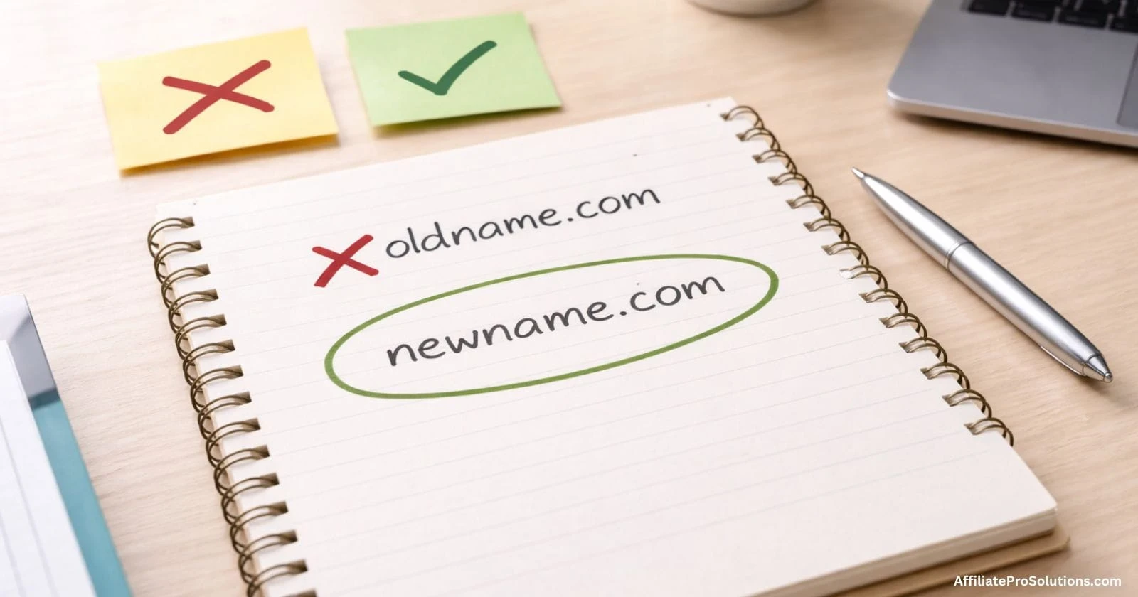 Notebook showing an old domain name crossed out and a new domain name circled as a better option