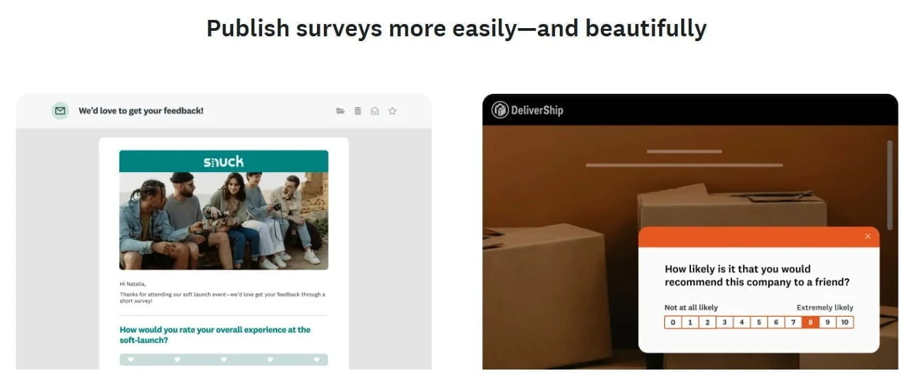 Examples of SurveyMonkey survey layouts used for feedback collection, ratings, and response forms