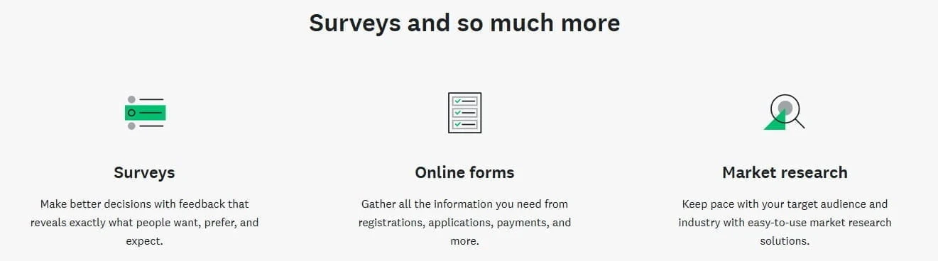 SurveyMonkey features overview showing surveys, online forms, and market research tools
