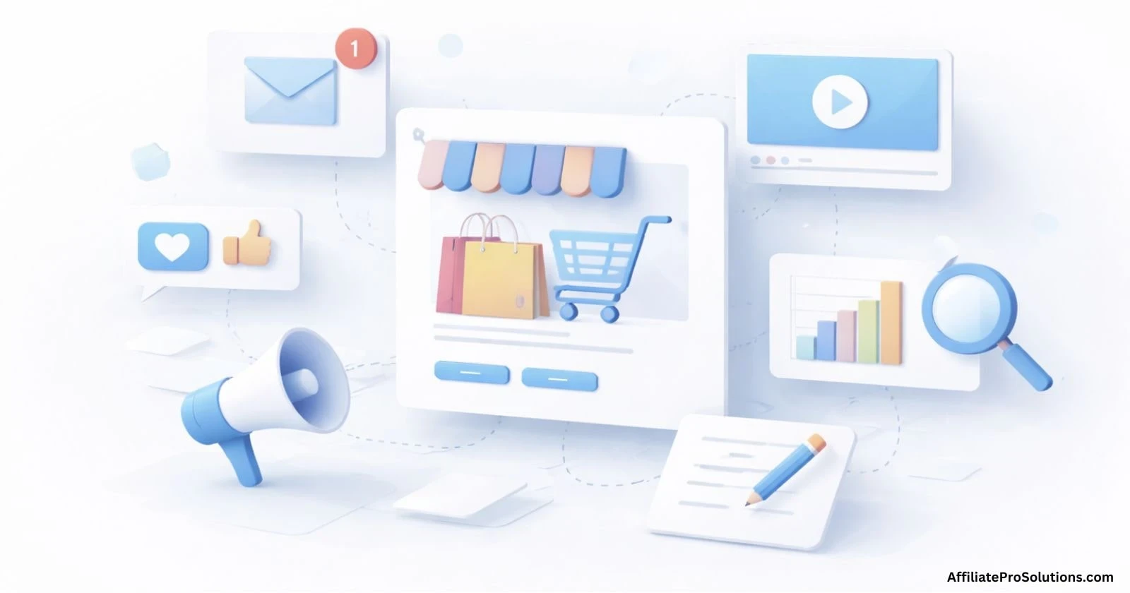 Illustration showing website features such as ecommerce tools, marketing, analytics, and content management