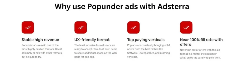 Screenshot from Adsterra explaining why popunder ads are used, including ad format benefits and fill rates