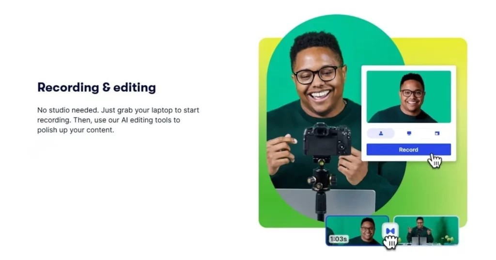 Wistia platform screen and webcam recording interface showing simple video recording and editing tools