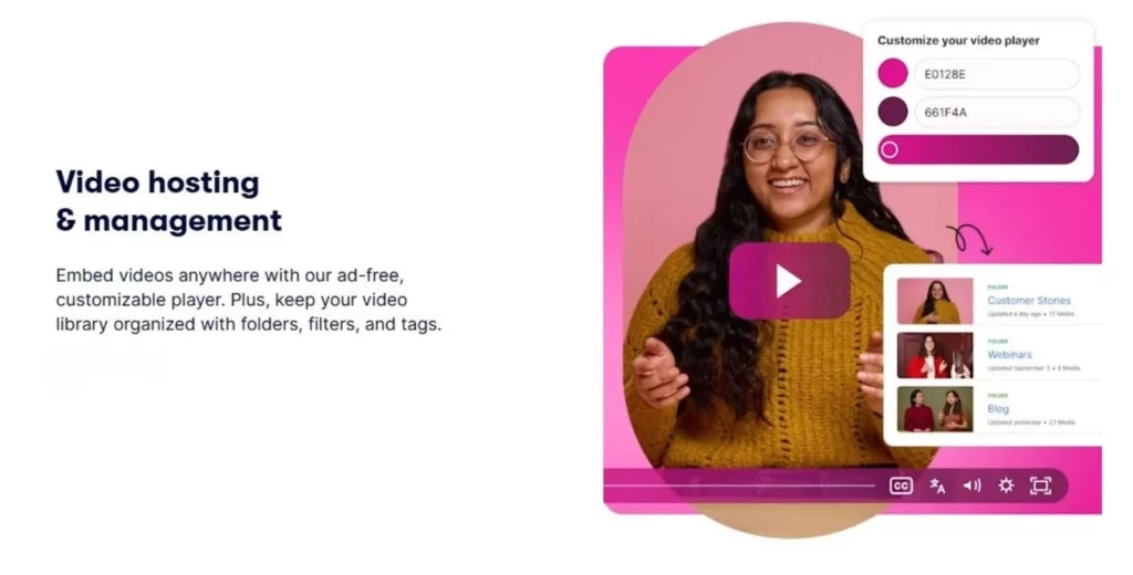 Wistia platform video hosting and management dashboard showing custom video player and organised video library