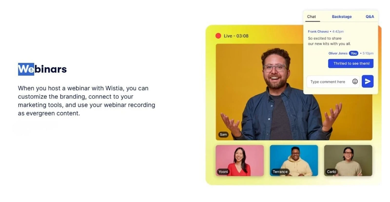 Wistia webinar interface showing a live video session with chat and audience interaction features
