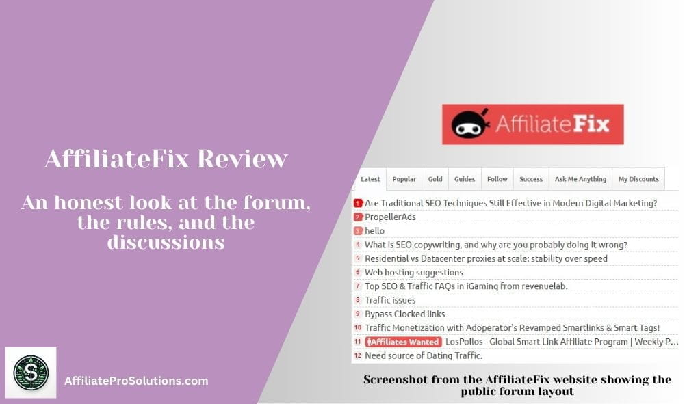 AffiliateFix Review header image showing the public forum layout and discussion threads