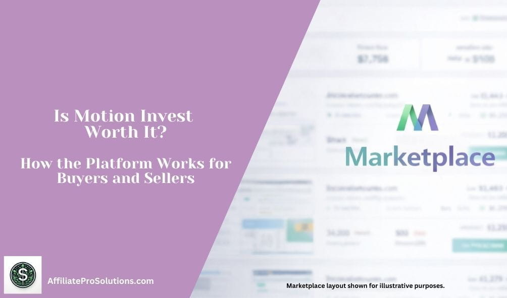 Is Motion Invest worth it review header image showing Motion Invest marketplace branding and listing layout background.