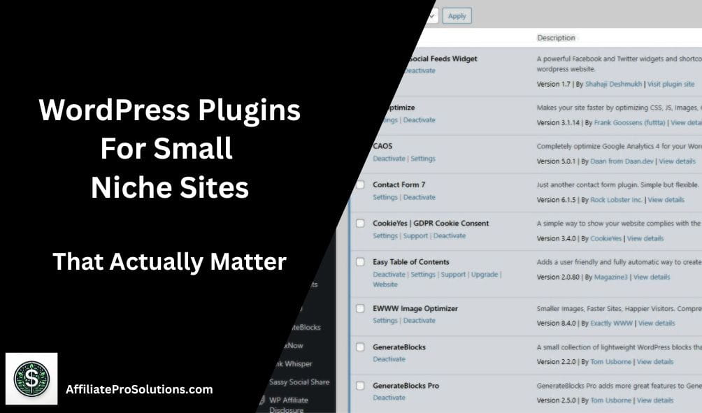 WordPress Plugins For Small Niche Sites example inside a minimal WordPress plugins dashboard
