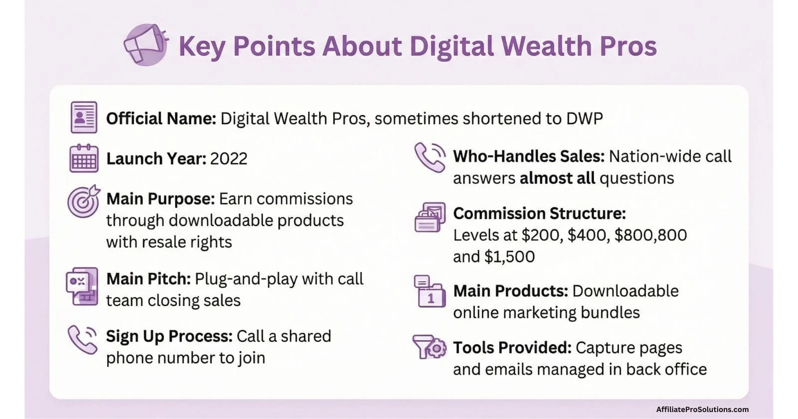 A Quick Overview Of Digital Wealth Pros Key points about Digital Wealth Pros including commission structure, call center sales process, and resale rights products