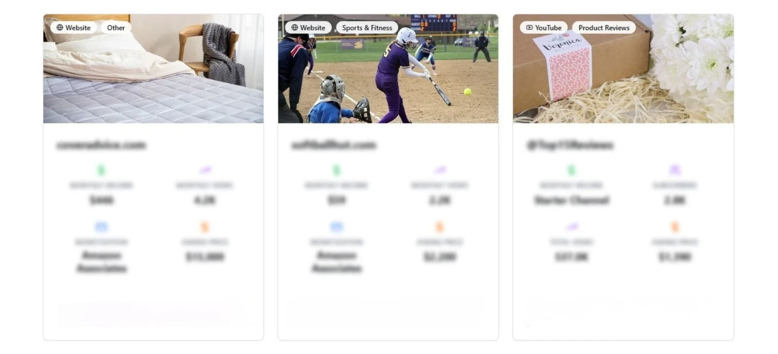 Motion Invest marketplace listings showing example content websites and YouTube channels for sale with traffic and income data blurred