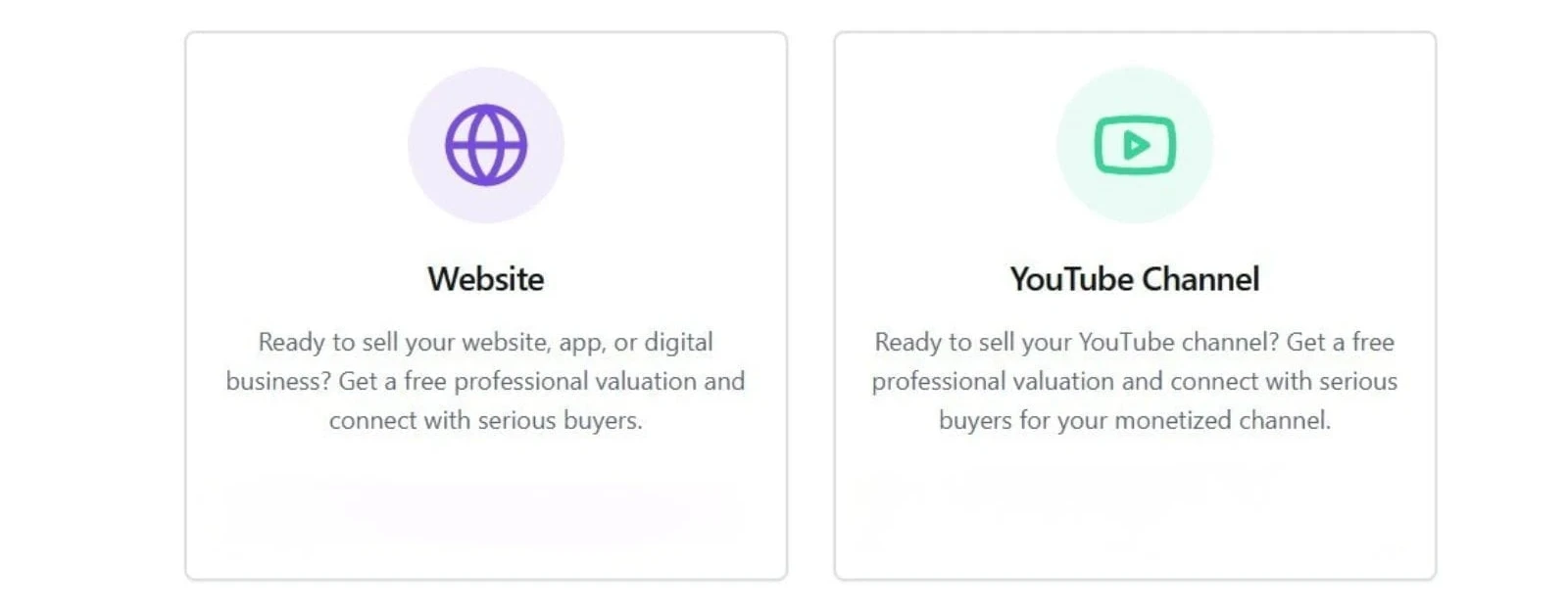 Motion Invest selling options page showing website and YouTube channel submission choices for sellers